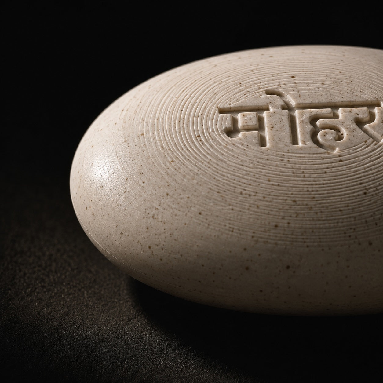 A close macro of the engraved Devanagari on the device