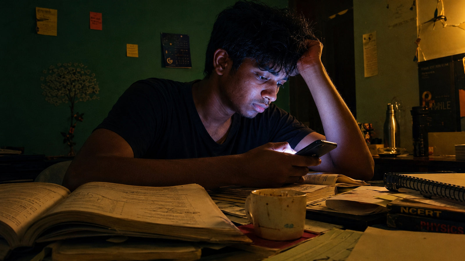 Real aspirant past midnight, slumped at a cluttered desk, face lit only by a phone — quiet defeat, not theatrical.