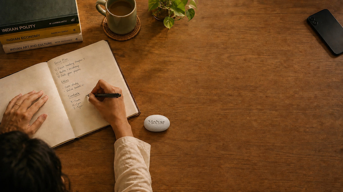An overhead desk with a hand writing, the Mohar beside the notebook and the phone out of reach