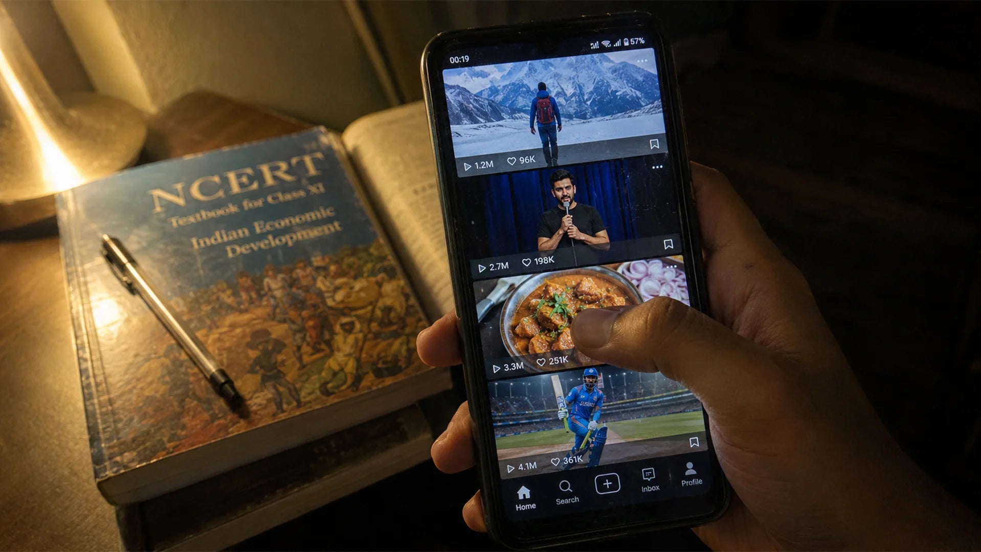 Thumb scrolling reels while books are open