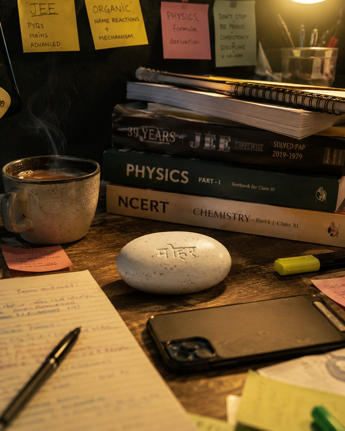 The Mohar device resting on a real study desk, warm lamp light, books and chai nearby — calm and lived-in.