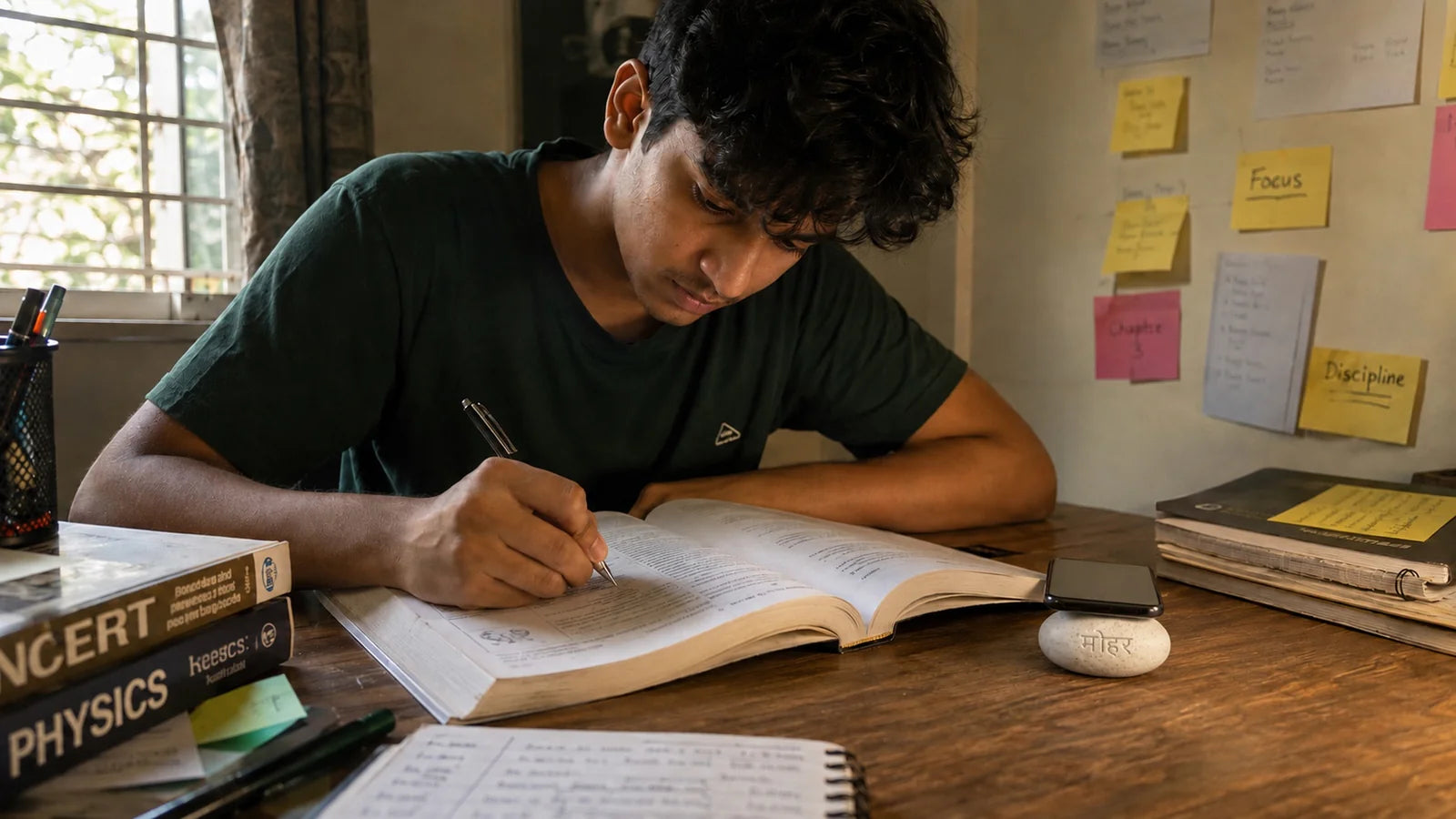 A real student deep in study — calm, focused, phone face-down on the Mohar device beside them.