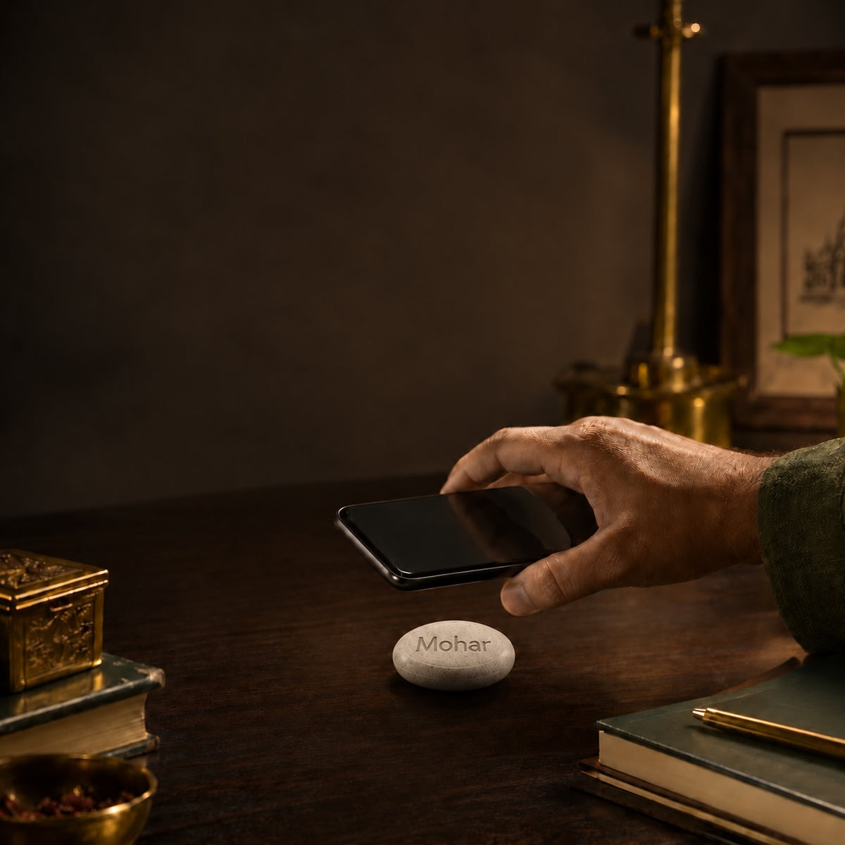 A hand tapping a phone on the Mohar on a dark desk