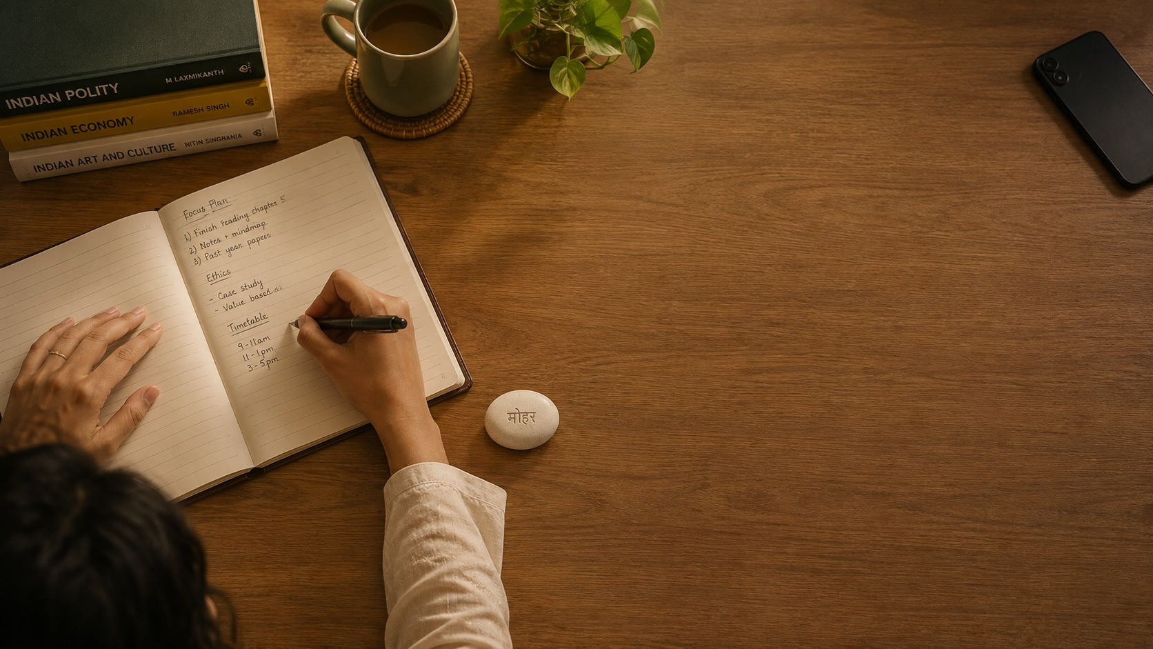 An overhead desk with a hand writing, the Mohar beside the notebook and the phone out of reach