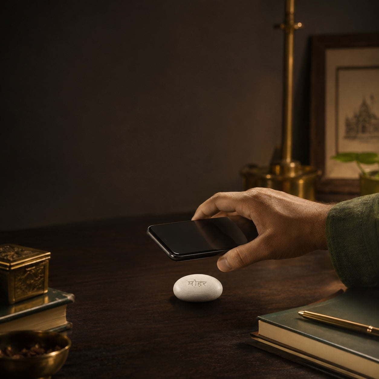 A hand tapping a phone on the Mohar on a dark desk